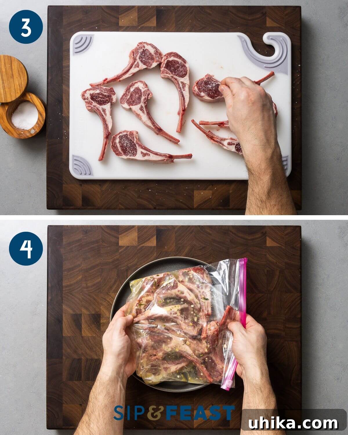 Chargrilled Lamb Rib Chops with Zesty Lemon Garlic 5 Recipe collage two showing salting rib chops and mixing chops in plastic bag with marinade.