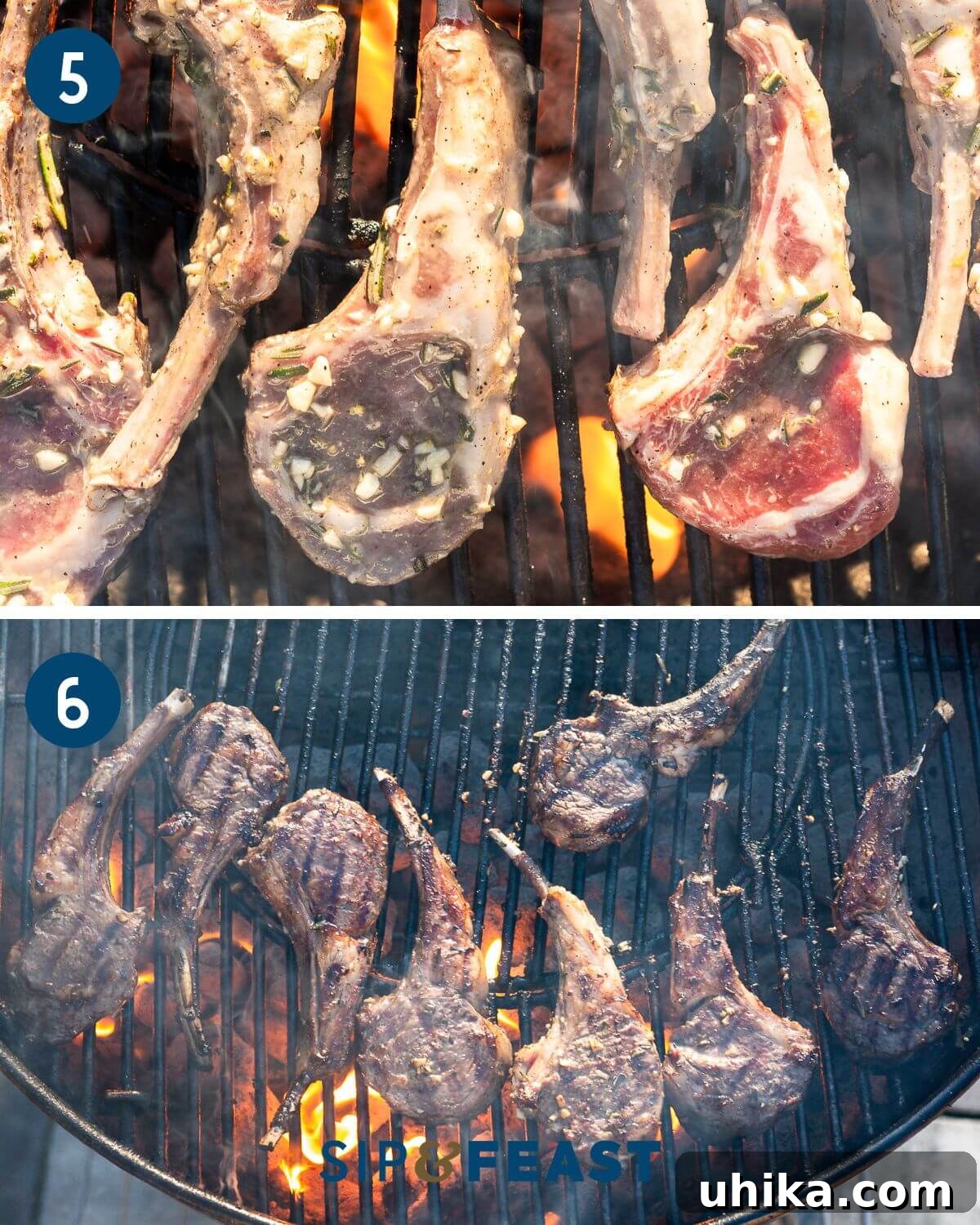 Chargrilled Lamb Rib Chops with Zesty Lemon Garlic 6 Recipe collage group three showing grilling of chops on charcoal grill.