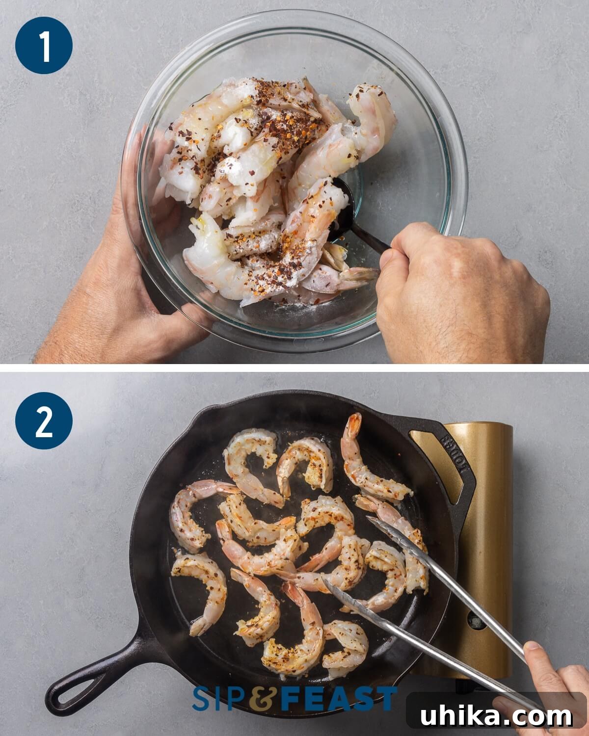 Spicy Scarlet Shrimp 4 Shrimp arrabbiata recipe process shot collage group one showing mixing shrimp with spices in bowl and searing the shrimp in a large pan.