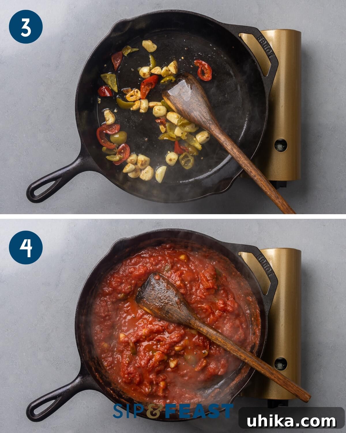 Spicy Scarlet Shrimp 5 Recipe collage two showing sauteing garlic and cherry peppers in the pan and simmering the sauce.
