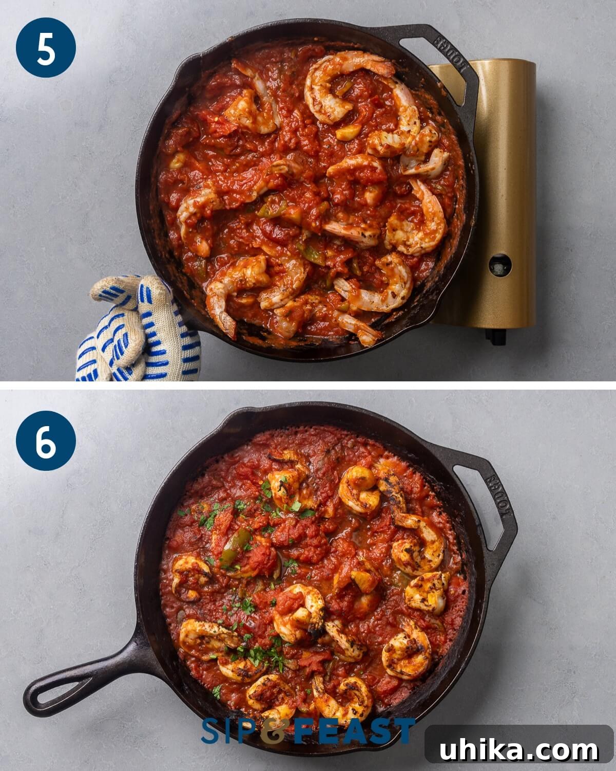 Spicy Scarlet Shrimp 6 Recipe collage three showing the shrimp in the sauce and the finished broiled shrimp dish.