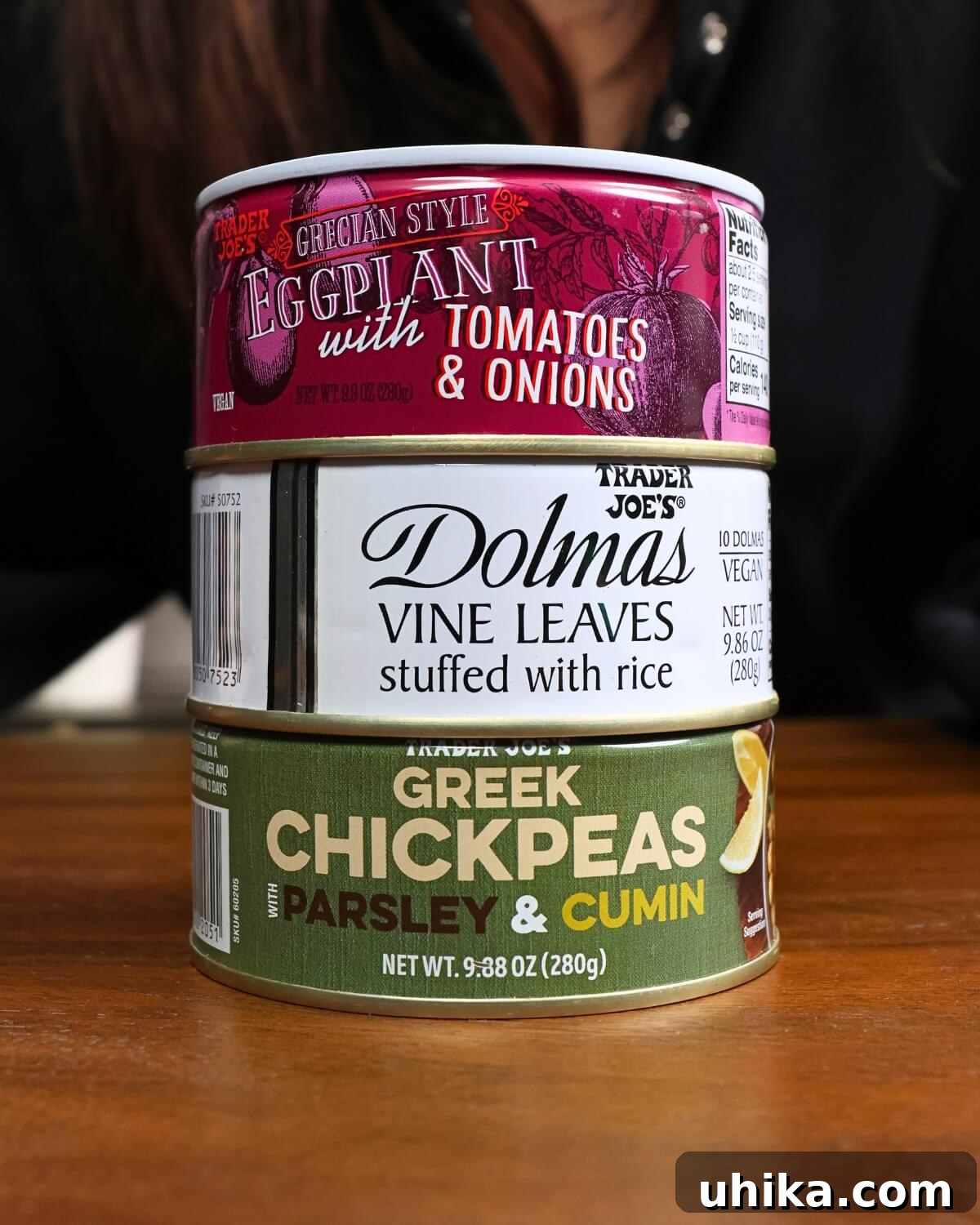Smart Pantry Hacks and Trader Joe's Greek Food Discoveries 3 Picture of Trader Joe's canned Greek eggplant with tomatoes, stuffed grape leaves, and Greek chickpeas with cumin.