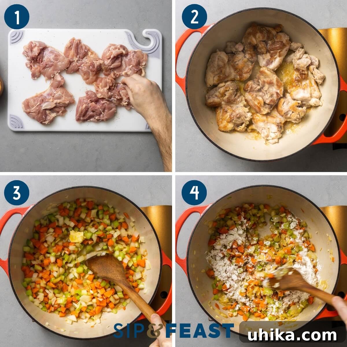 Hearty Homestyle Chicken and Dumplings 5 A visual progression of making chicken and dumplings, showing seasoned chicken thighs searing in a Dutch oven, a mix of diced vegetables sautéing until soft, and the addition of flour to create a roux, all crucial steps for the soup base.