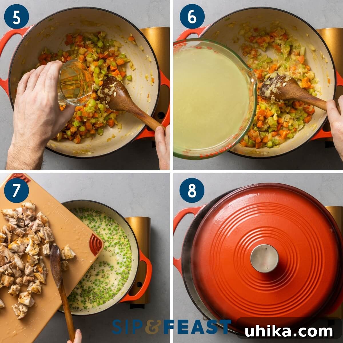 Hearty Homestyle Chicken and Dumplings 6 A four-panel collage illustrating the next stages of making chicken and dumplings: deglazing the pot with white wine, adding rich chicken stock, incorporating the seared chicken pieces back into the simmering liquid, and finally, allowing the soup to gently simmer with the lid partially ajar.