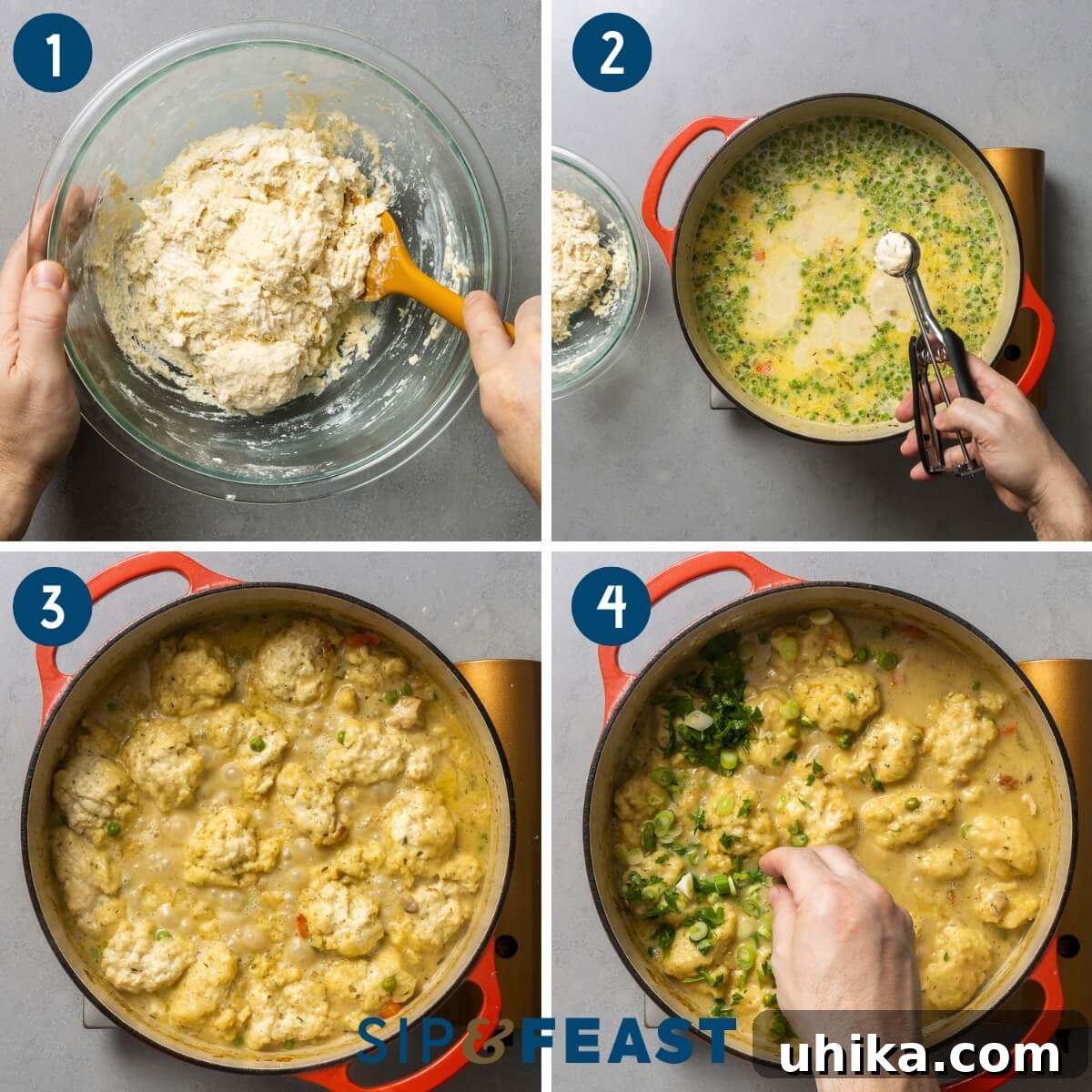 Hearty Homestyle Chicken and Dumplings 7 A three-panel collage illustrating the dumpling making process: preparing the batter, carefully dropping spoonfuls of batter into the simmering soup, and finally, garnishing the finished dish with fresh green onions and parsley.