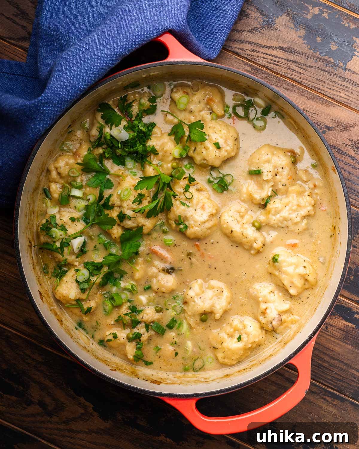 Hearty Homestyle Chicken and Dumplings 8 A generous serving of homemade chicken and dumplings in a large, vibrant orange Dutch oven, perfectly cooked and ready to be served.
