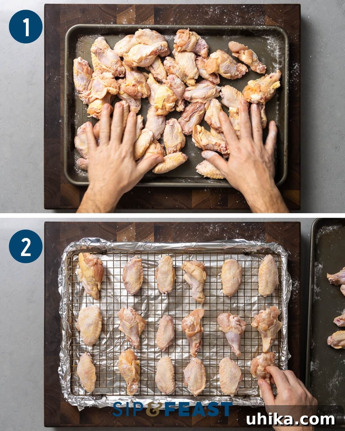 Irresistible Crispy Garlic Parmesan Wings 4 First step of garlic parmesan chicken wings recipe, showing wings being mixed with baking powder and salt, then spread on a wire rack.