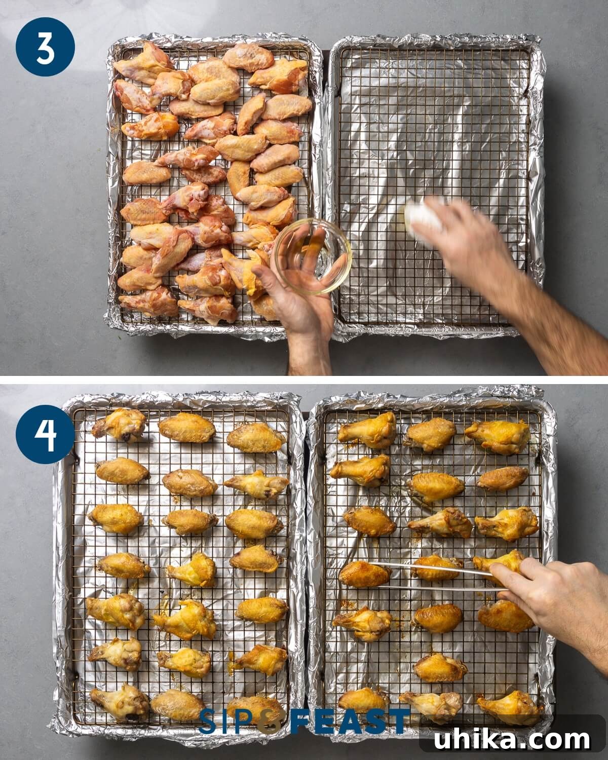 Irresistible Crispy Garlic Parmesan Wings 5 Second step of garlic parmesan chicken wings recipe, showing oiled wire racks on baking sheets and wings being flipped during baking.