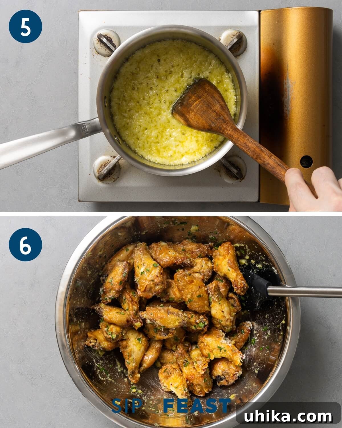 Irresistible Crispy Garlic Parmesan Wings 6 Third step of garlic parmesan chicken wings recipe, illustrating the preparation of the garlic butter sauce and then tossing the baked wings with the sauce, parsley, and parmesan cheese in a large bowl.