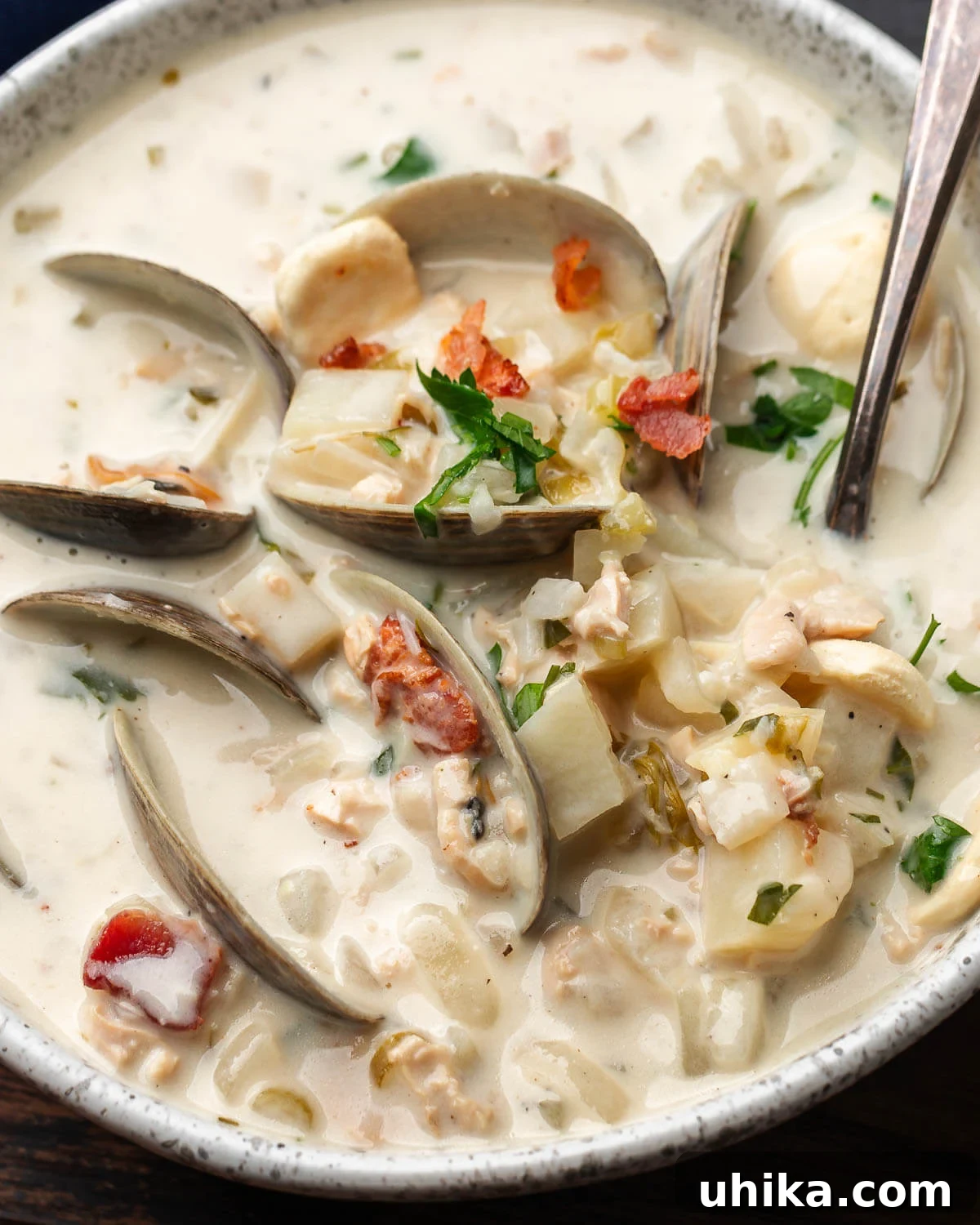Authentic New England Clam Chowder 2 A steaming bowl of New England clam chowder, generously topped with crispy bacon bits and fresh parsley, ready to be enjoyed.