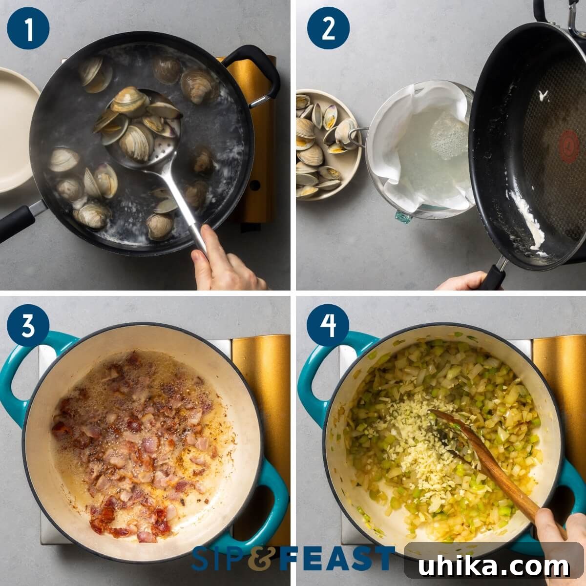Authentic New England Clam Chowder 4 A four-panel collage showing the initial steps of making New England clam chowder: 1. Steaming fresh clams to open. 2. Straining the clam broth for purity. 3. Sautéing diced bacon until crispy. 4. Gently cooking chopped celery and onion in rendered bacon fat.