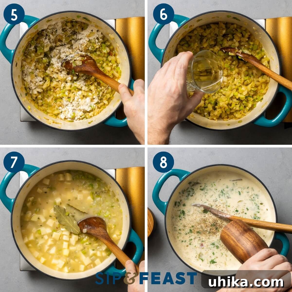 Authentic New England Clam Chowder 5 A four-panel collage showing mid-preparation steps for New England clam chowder: 5. Incorporating flour into the sautéed aromatics. 6. Deglazing the pot with white wine. 7. The chowder base simmering with potatoes and herbs. 8. Final seasoning and taste adjustment for the soup.