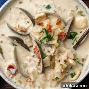 New England clam chowder in white bowl topped with bacon.