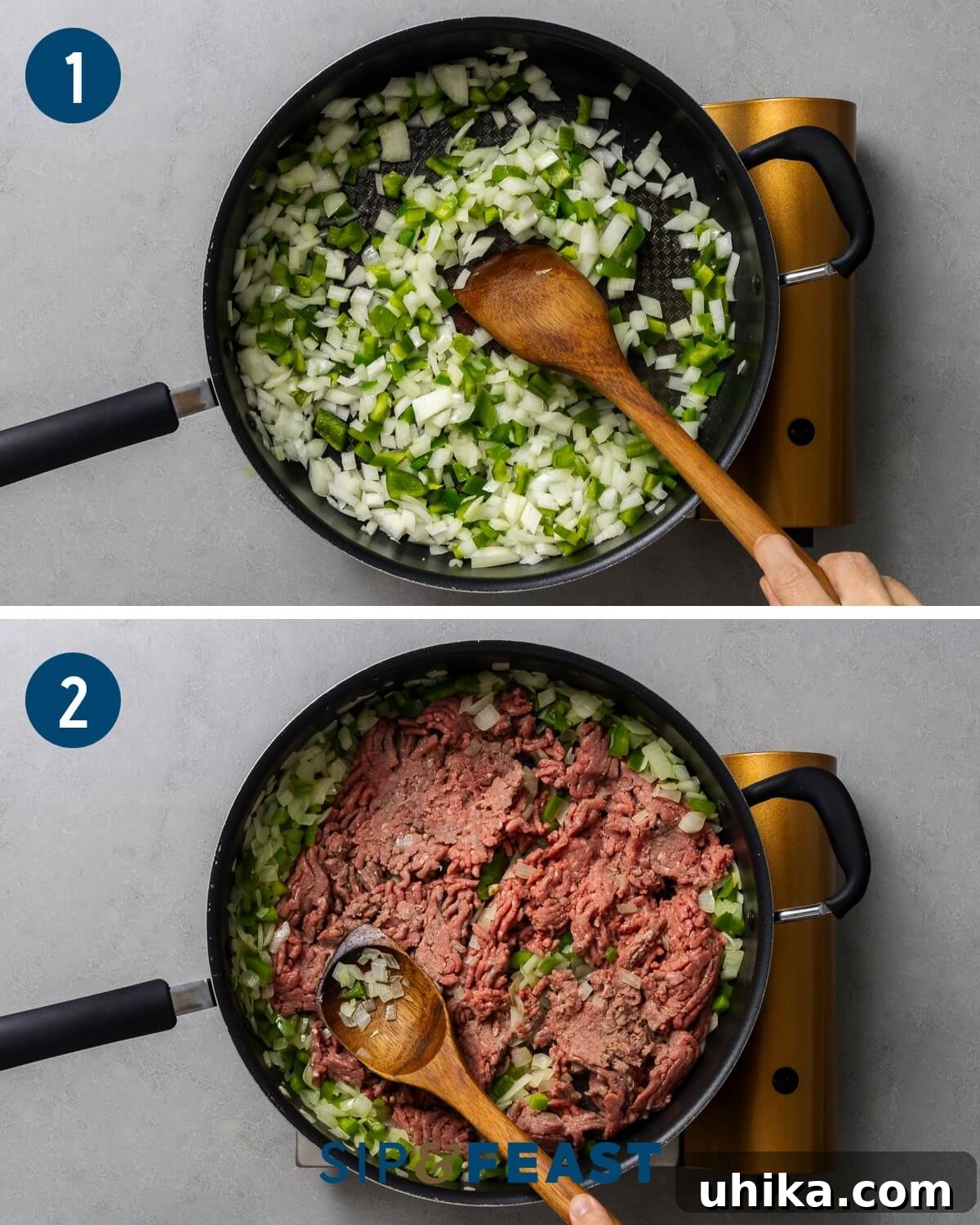 Effortless Homemade Sloppy Joes 4 Sloppy Joe recipe process shot collage group one showing sauteing of onions and peppers, and adding ground beef to the pan.