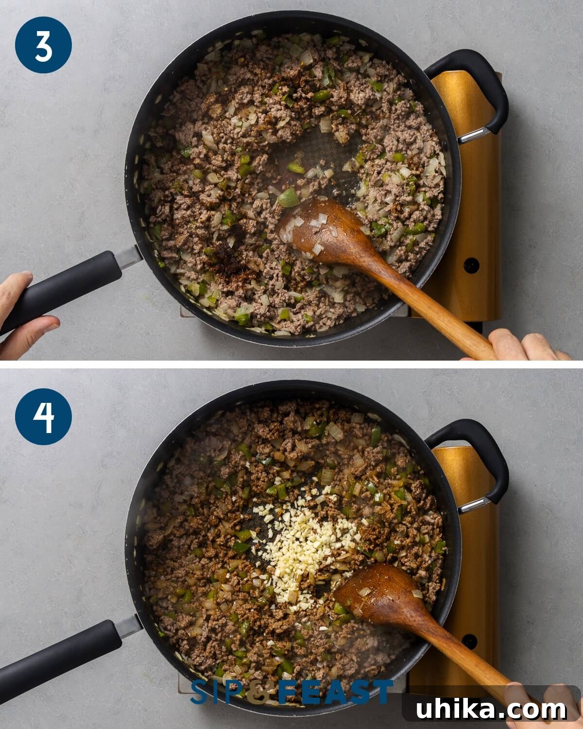 Effortless Homemade Sloppy Joes 5 Recipe collage two showing browning of ground beef and adding garlic to the pan.