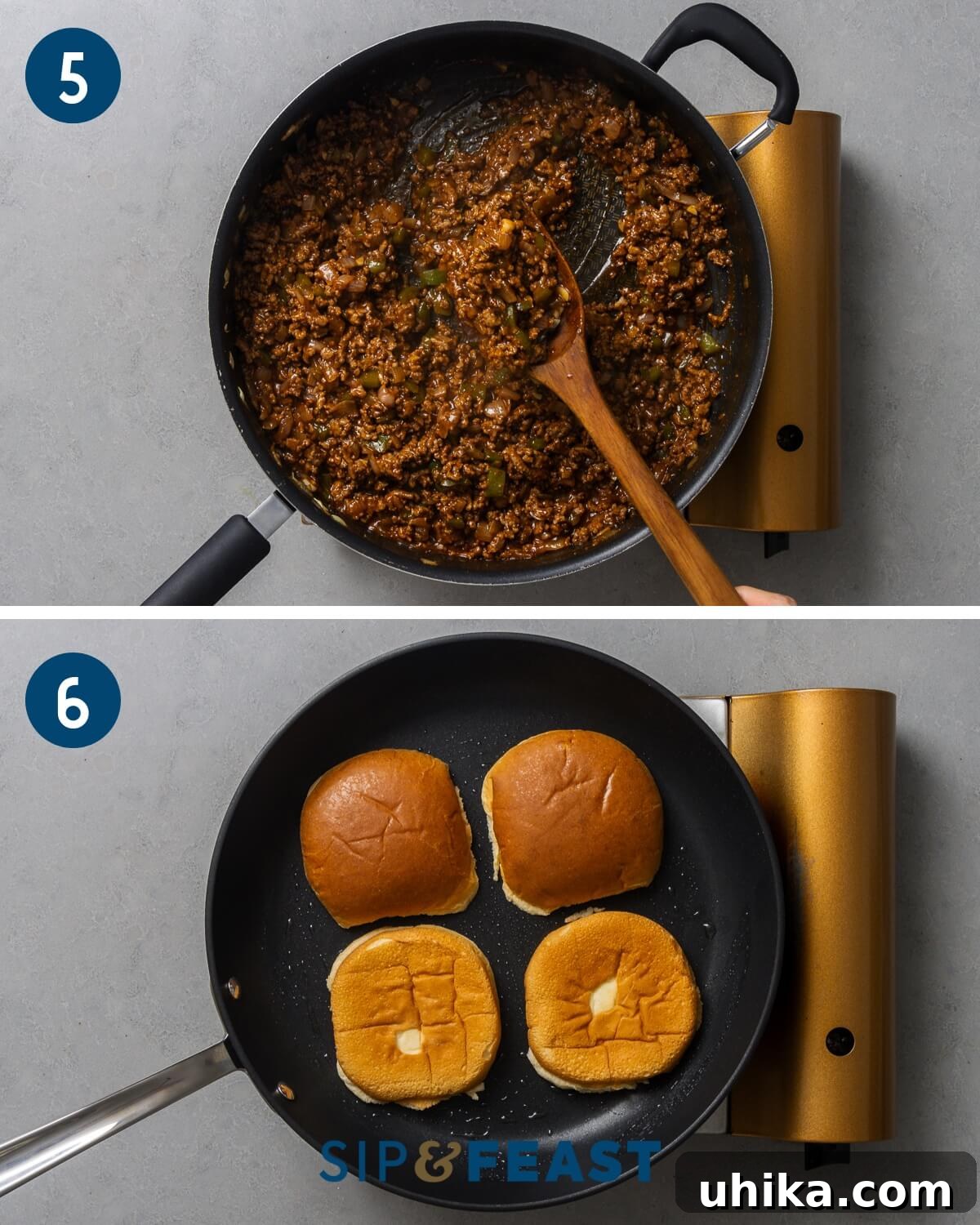 Effortless Homemade Sloppy Joes 6 Recipe collage three showing adding sauce to the beef and browning burger buns in the pan.