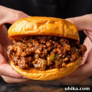 Sloppy Joe sandwich held in hands.