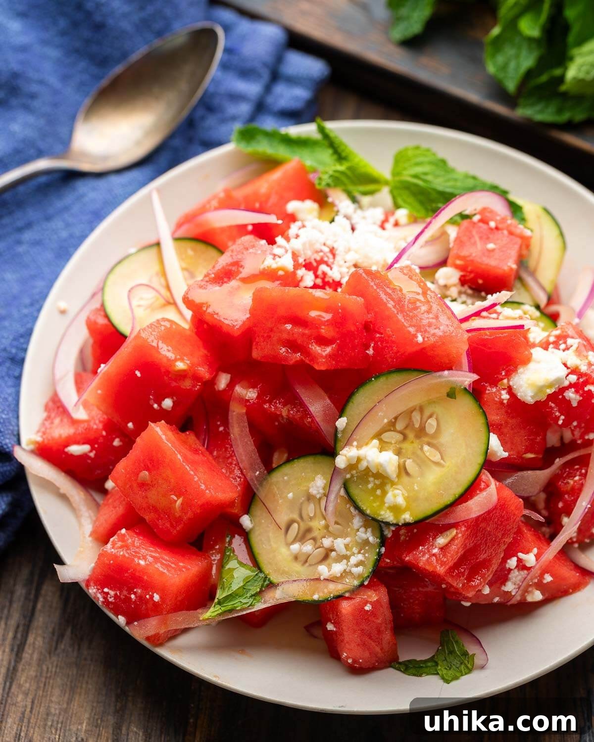 Refreshing Watermelon Feta Cucumber Mint Salad 2 A small bowl filled with a colorful watermelon feta salad, generously garnished with fresh cucumber slices, thinly sliced red onion, and bright green mint leaves. The vibrant red of the watermelon, white of the feta, and green of the cucumber and mint create an appealing contrast, showcasing a perfect summer dish.