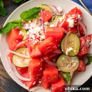 Close-up view of a small white bowl filled with Watermelon Feta Salad, beautifully topped with cucumber slices, a sprinkle of red onion, and vibrant fresh mint leaves, indicating a refreshing and ready-to-eat dish.
