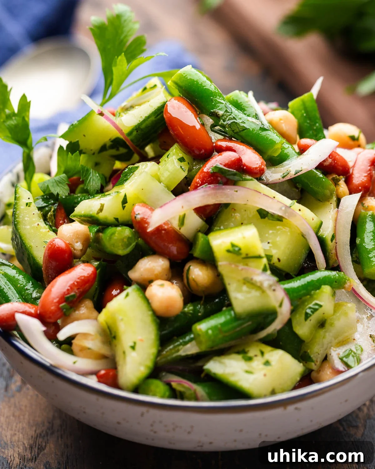 Zesty Mixed Bean Medley 4 A close-up view of the prepared mixed bean salad in a stylish white bowl, ready to be served.