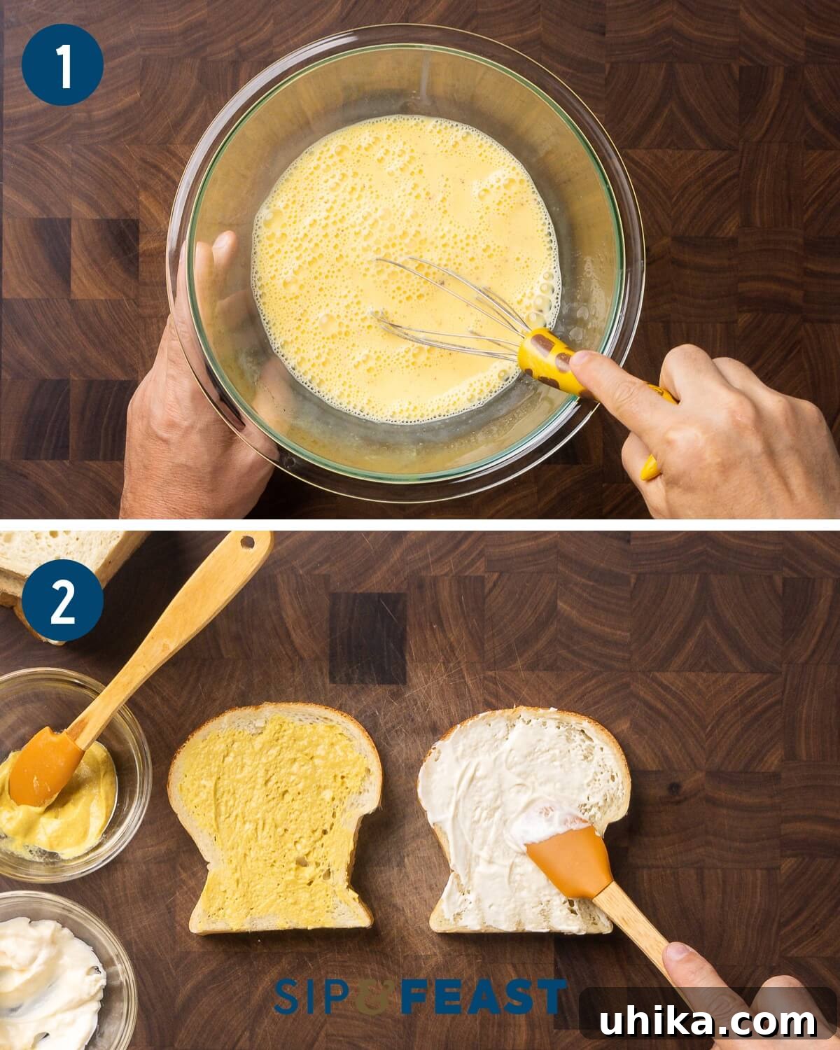 Monte Cristo's Reckoning 4 A collage showing the initial steps of making a Monte Cristo: beating eggs, milk, and nutmeg for the batter, and spreading Dijon mustard and mayonnaise onto slices of white bread.