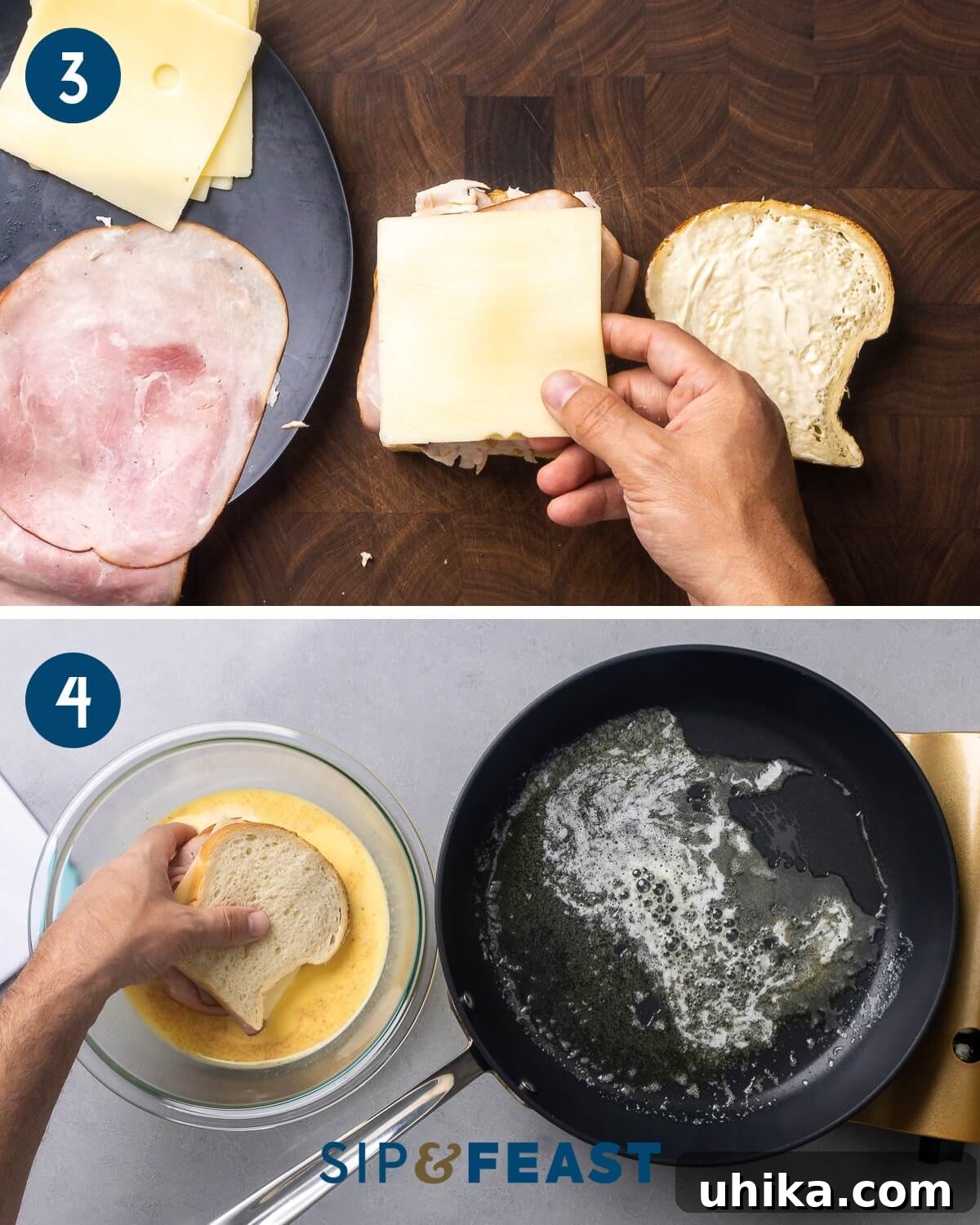 Monte Cristo's Reckoning 5 A collage displaying the next stages of Monte Cristo preparation: assembling the layers of ham, turkey, and Swiss cheese between bread slices, and then dipping the assembled sandwich into the egg batter.