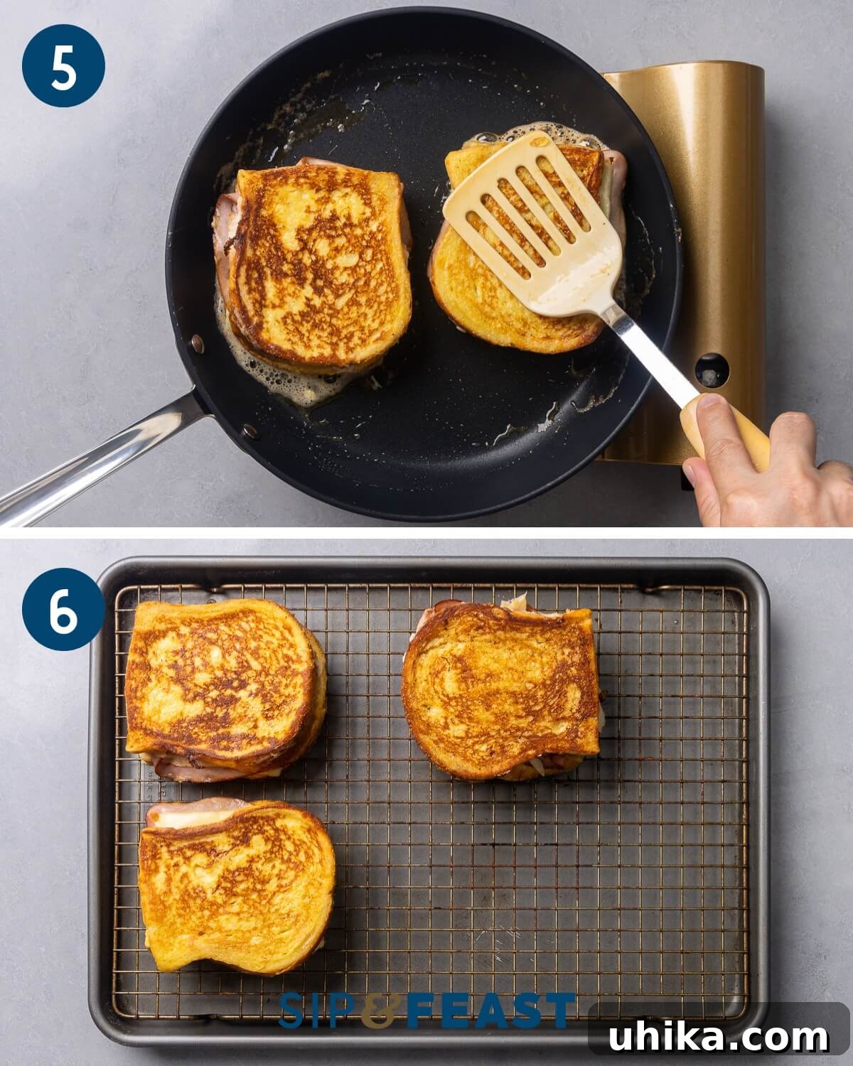 Monte Cristo's Reckoning 6 A collage depicting the final steps of cooking Monte Cristo sandwiches: frying the sandwiches in butter until golden brown, and then showing the finished, cooked sandwiches resting on a wire rack.