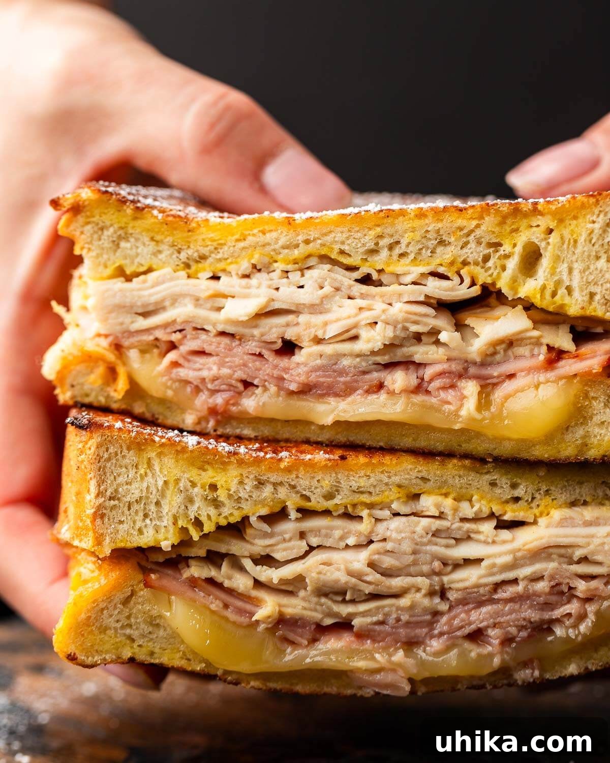 Monte Cristo's Reckoning 7 A person holding a freshly cooked Monte Cristo sandwich, showcasing its golden-brown exterior and delicious layers, ready to be enjoyed.