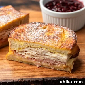 Monte Cristo's Reckoning 8 Monte Cristo sandwich along with bowl of raspberry jam on wooden board.