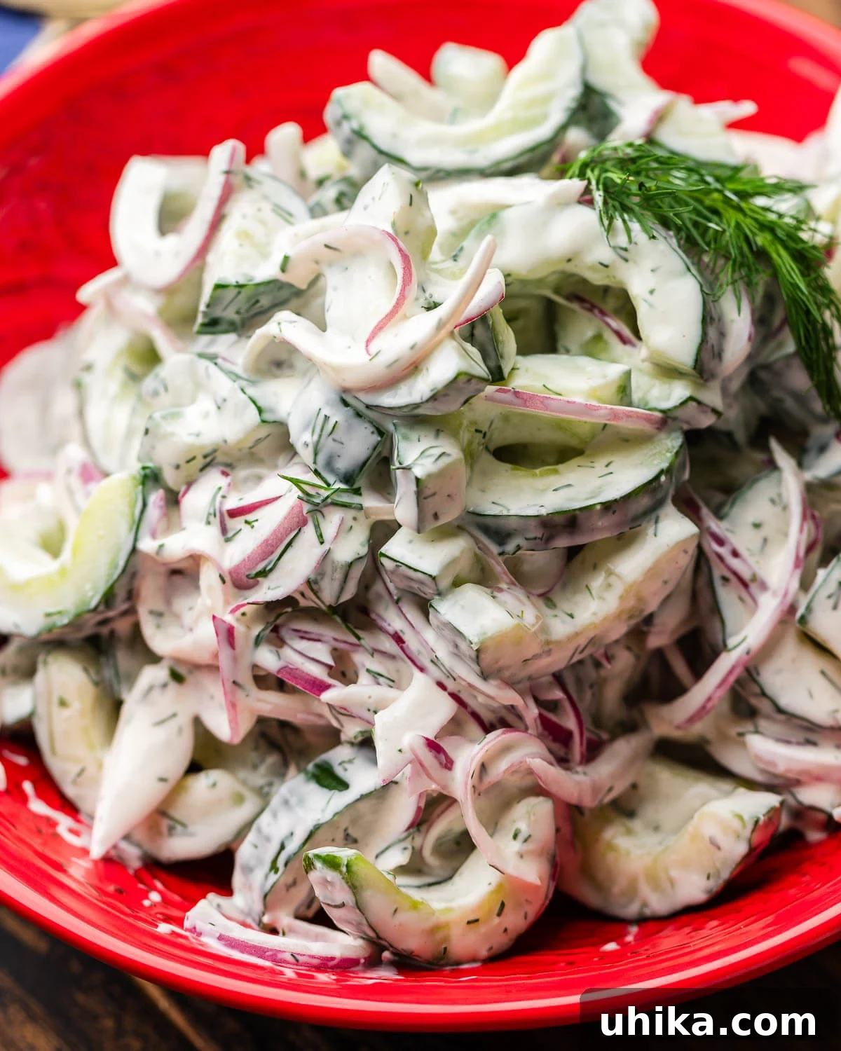 Cool Cucumber Delight 5 Creamy cucumber salad in red bowl with dill garnish.