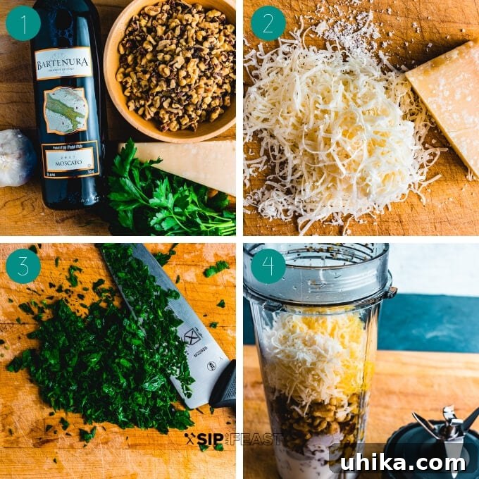 Collage of first two steps: boiling pasta and grating cheese for walnut sauce.