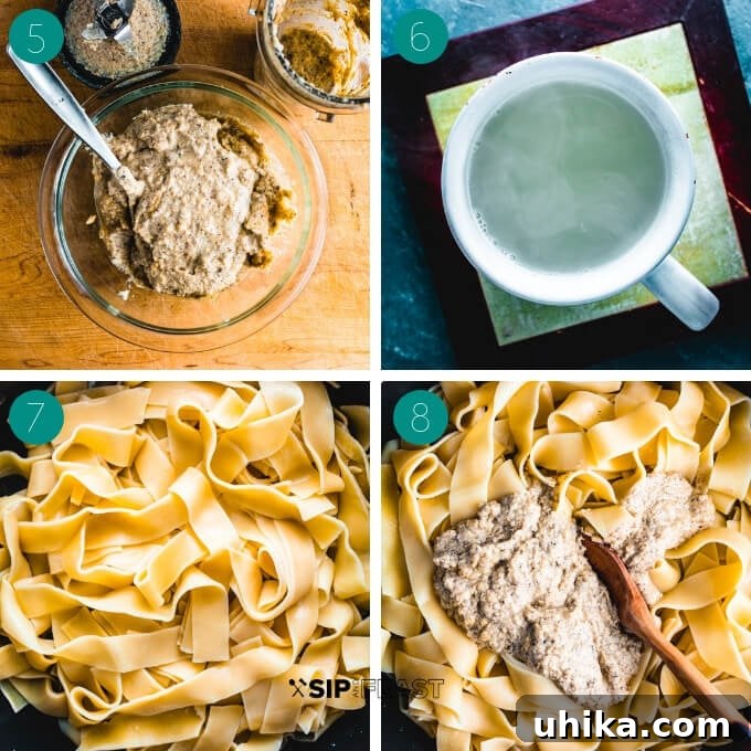 Collage of blending walnut sauce ingredients and reserving pasta water.