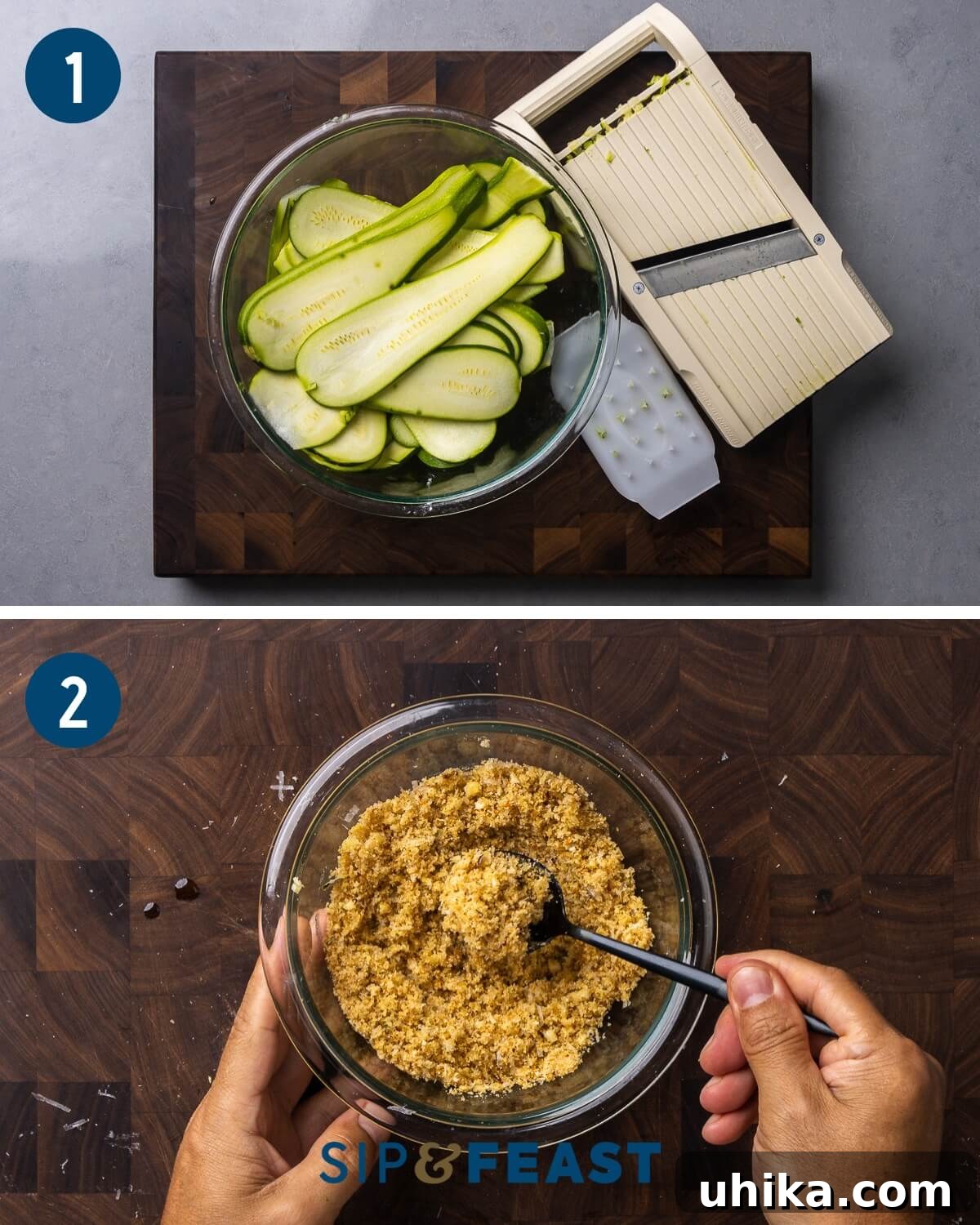 Zucchini Parmesan Bake 4 Italian zucchini casserole recipe collage showing a mandoline slicing zucchini and breadcrumbs being mixed in a bowl.