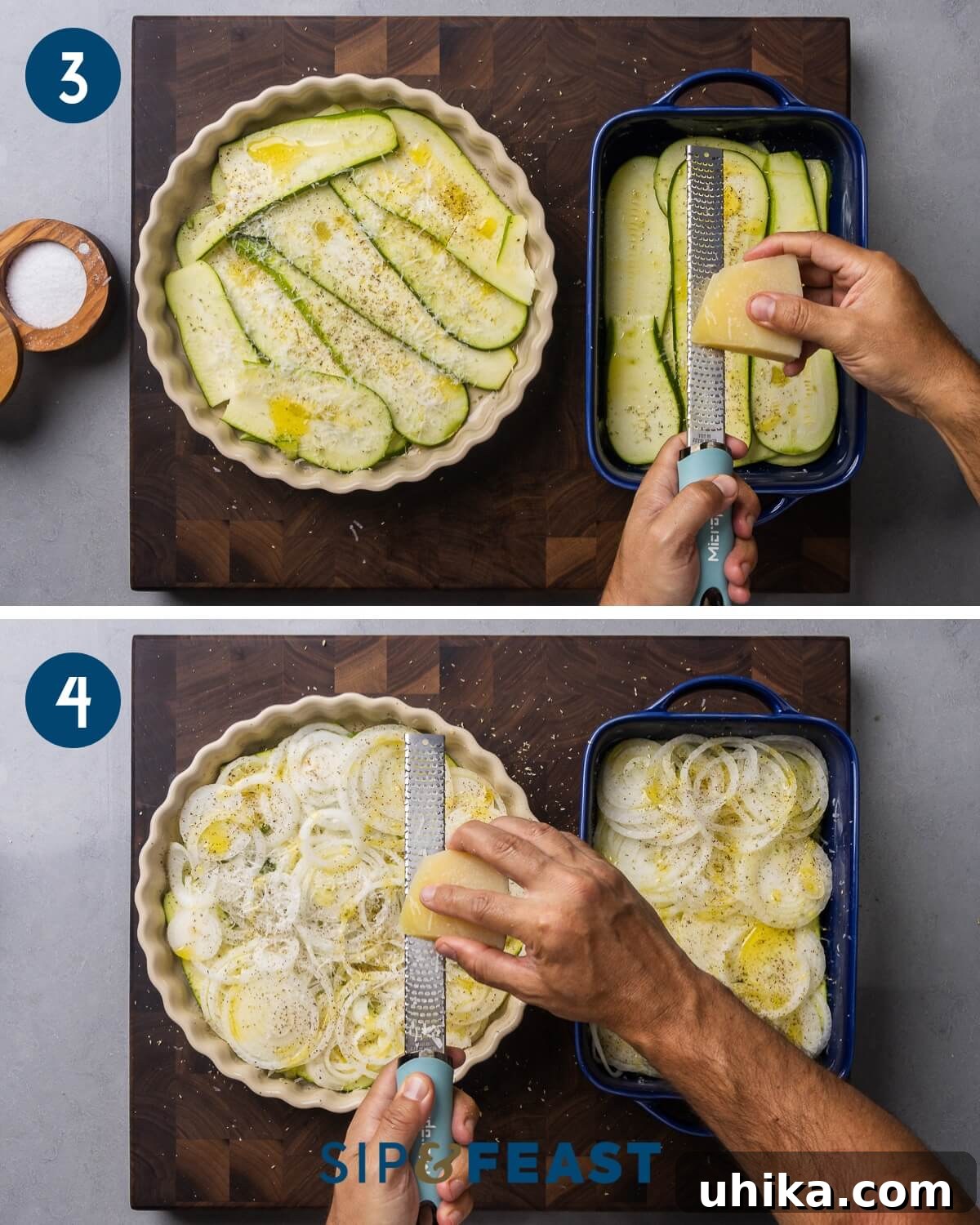 Zucchini Parmesan Bake 5 Recipe collage showing the layering and seasoning of vegetables (zucchini, onion, tomato) in two baking dishes.