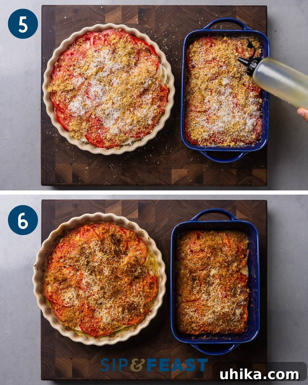 Zucchini Parmesan Bake 6 Recipe collage showing olive oil being drizzled onto the breadcrumb topping and the finished Italian zucchini casserole after baking.