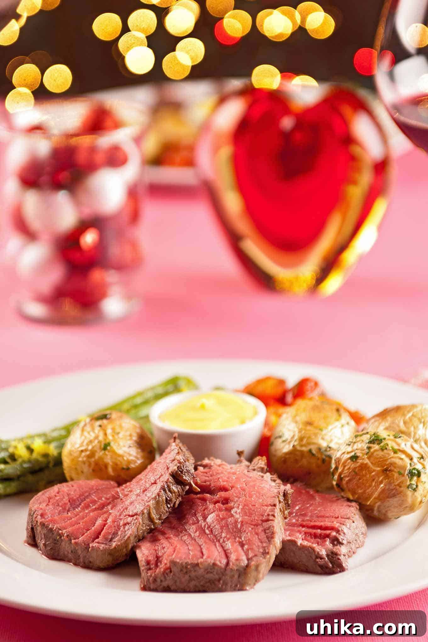 Romantic Châteaubriand Dinner for Two 2 A beautifully presented plate of sliced Châteaubriand with a small bowl of Béarnaise sauce, complemented by roasted vegetables and candles in the background, perfect for a romantic dinner.