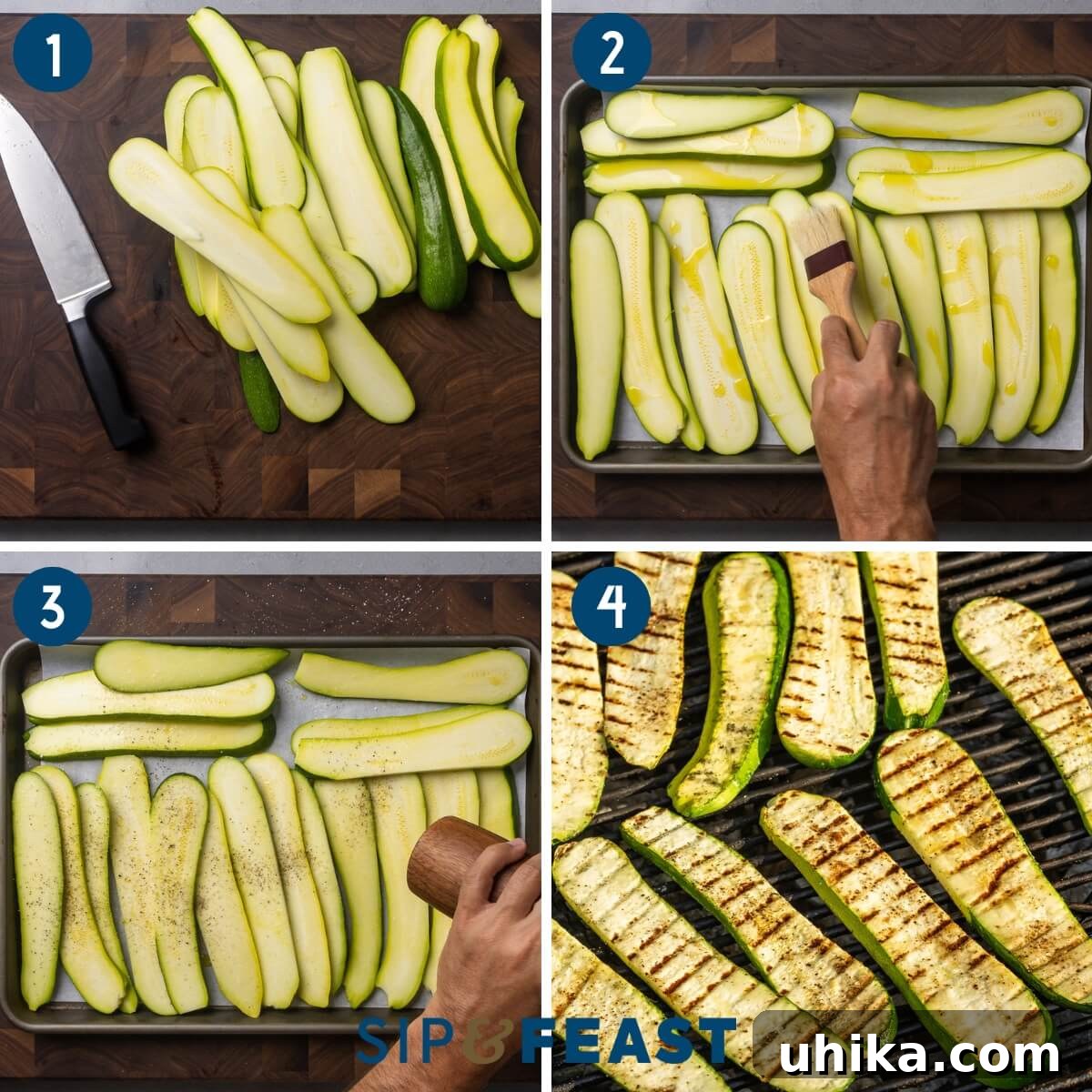 Garlic Herb Grilled Zucchini 4 A collage of process shots showing zucchini being sliced, brushed with olive oil, seasoned, and finally grilled to perfection.
