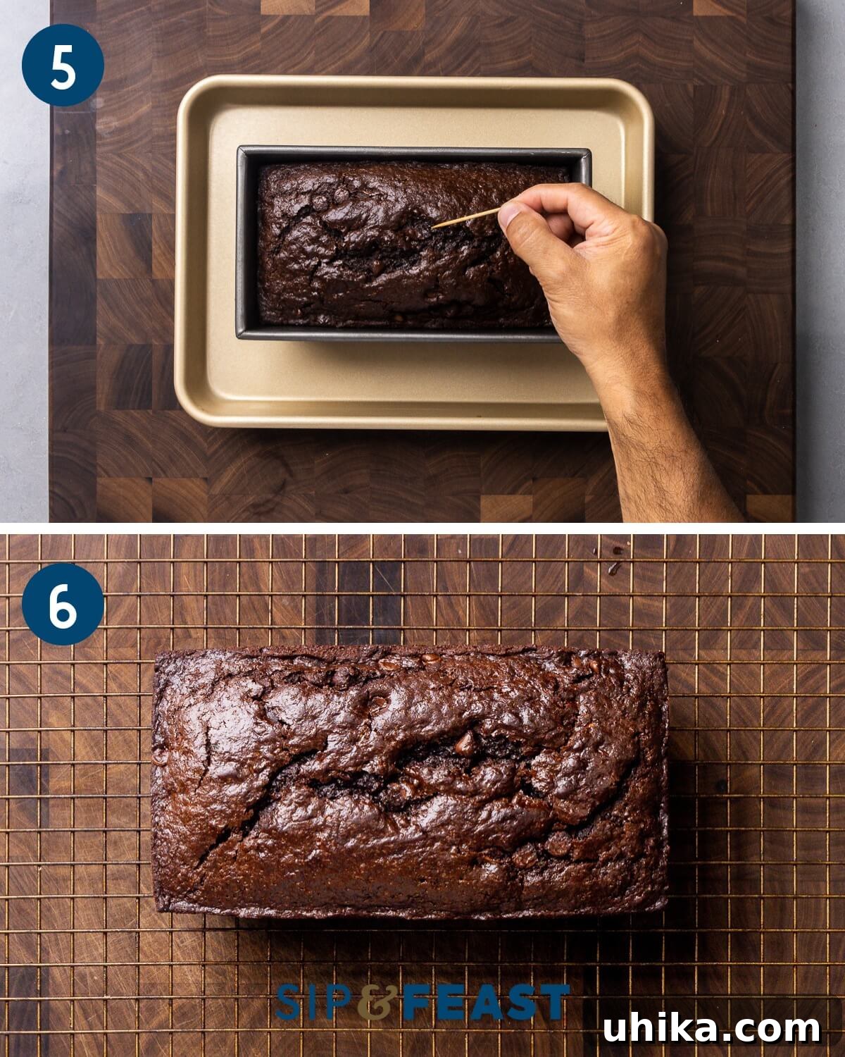 Decadent Chocolate Zucchini Loaf 6 Recipe collage three showing testing bread with toothpick and bread cooling on wire rack.