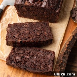 Decadent Chocolate Zucchini Loaf 8 Chocolate zucchini bread and slices on brown parchment paper.