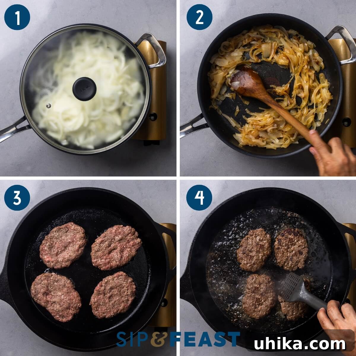 Diner's Delight The Timeless Patty Melt 3 Patty melt recipe collage group one showing caramelizing onions and pan frying hamburger pattys.