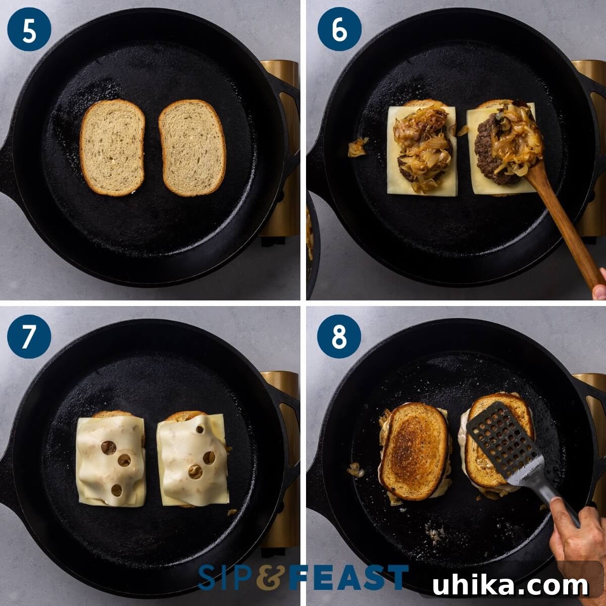 Diner's Delight The Timeless Patty Melt 4 Recipe collage group two showing grilling rye bread, topping sandwich with beef, cheese, onions, and sauce, and grilling sandwich.