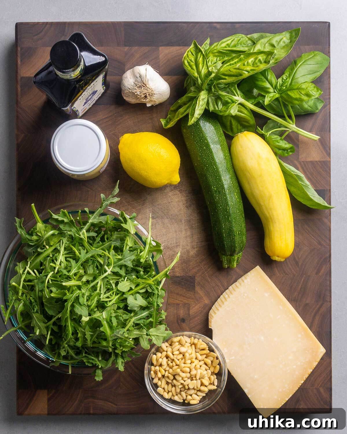 Refreshing Zucchini Ribbons Salad 3 Ingredients shown: extra virgin olive oil, garlic, Dijon mustard, lemon, basil, zucchini, yellow squash, baby arugula, pine nuts, and block of Parmigiano Reggiano cheese.