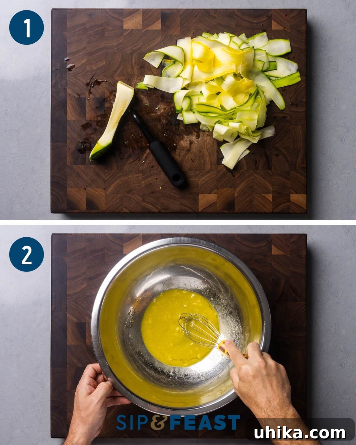 Refreshing Zucchini Ribbons Salad 4 Shaved zucchini salad recipe process collage group one showing ribbons of zucchini and mixing the vinaigrette.