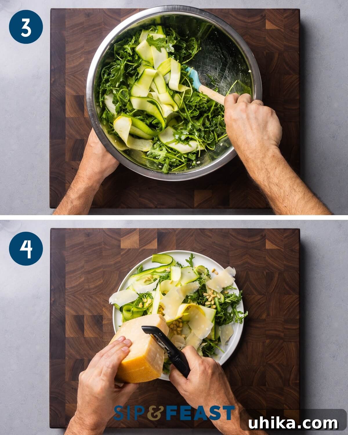 Refreshing Zucchini Ribbons Salad 5 Recipe collage group two showing mixing of salad in large bowl and shaving parmesan cheese with vegetable peeler.