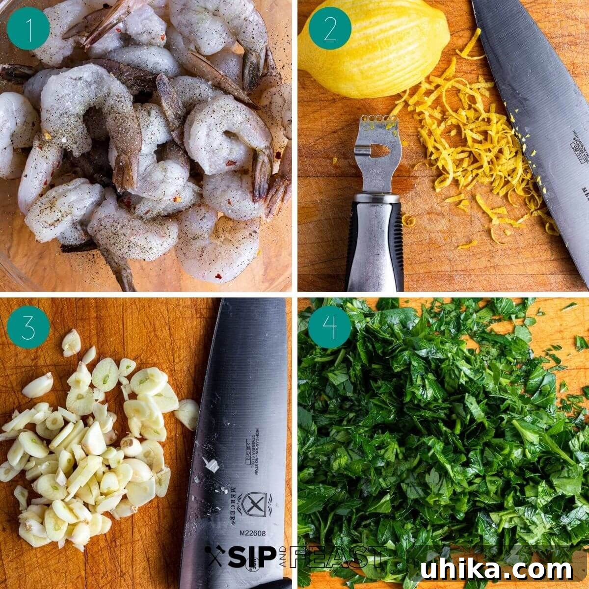 Vibrant Lemon Garlic Shrimp Pasta 4 Lemon garlic shrimp pasta recipe process shot collage group number one.
