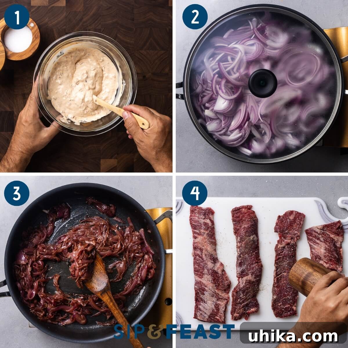 The Ultimate Steak Sandwich 4 Recipe process collage showing mixing of chipotle mayo, initial stage of caramelizing onions in a covered pan, and seasoning skirt steak on a cutting board.
