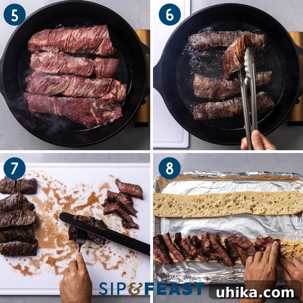 The Ultimate Steak Sandwich 5 Recipe collage showing searing of skirt steak in a hot cast iron pan, then slicing the cooked steak against the grain, and finally arranging the sliced steak pieces onto a baguette.