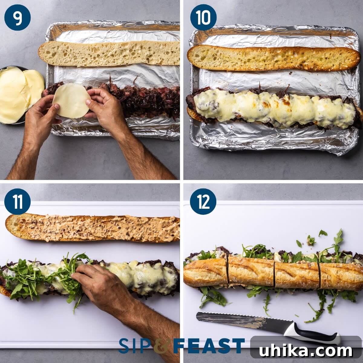 The Ultimate Steak Sandwich 6 Recipe collage showing the assembly of the steak sandwich layers including chipotle mayo, steak, caramelized onions, and provolone cheese, followed by slicing the finished sandwich into portions.