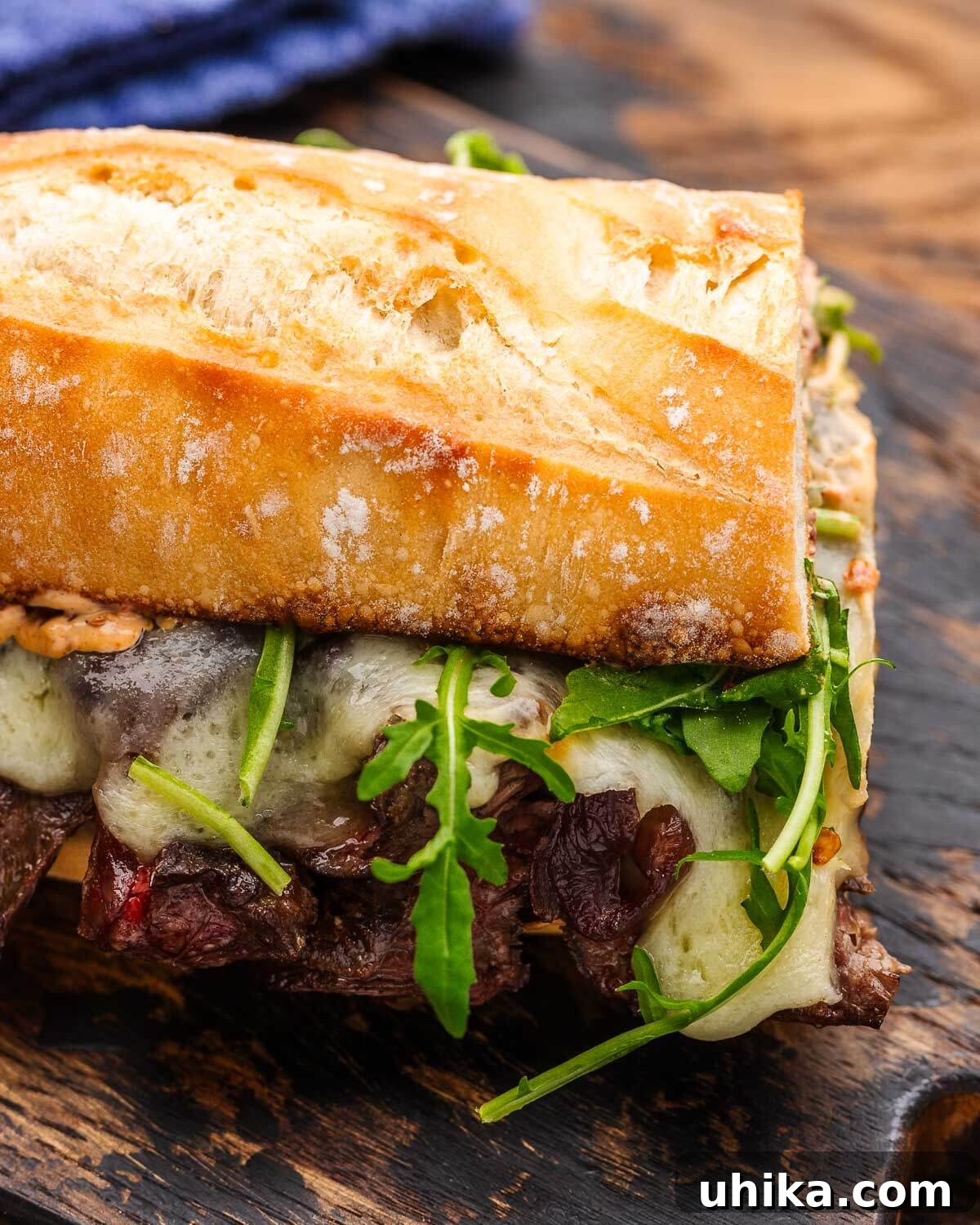 The Ultimate Steak Sandwich 7 A fully assembled steak sandwich, cut into portions, resting on a wooden cutting board, ready to be served.