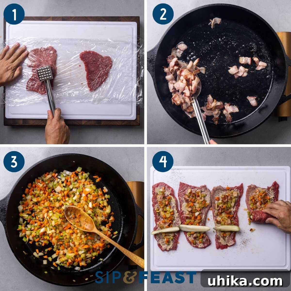 Hearty German Beef Rouladen 4 Beef rouladen recipe collage group one showing pounding beef flat, sauteing bacon in cast iron pan, sauteing the vegetables, and placing the filling on and rolling the beef.